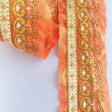 Salmon Pink Art Silk Fabric Trim With Gold Zari Embroidery and Gold Sequins, Trim By The Yard,